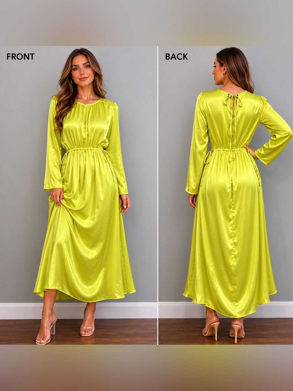 Topshop occasion ruched detail long sleeve midi dress in lime Size 4/6